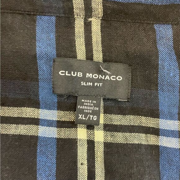 Club Monaco Navy Blue Plaid Button Up Linen Slim Fit Shirt XL - Picture 4 of 8